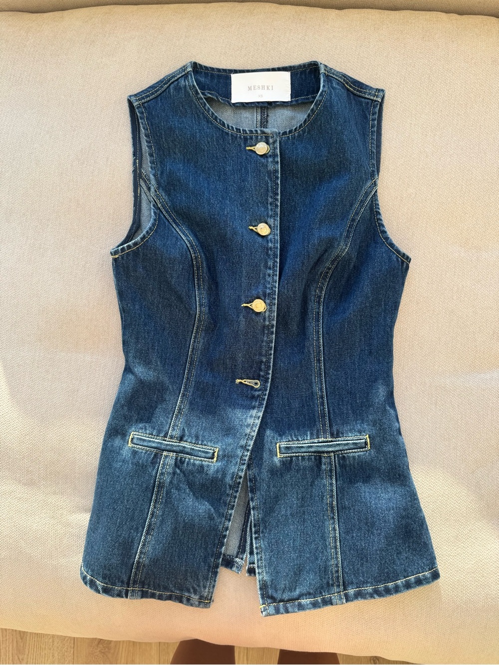Meshki Dark Blue Denim Sleeveless Vest Dress with Gold Buttons